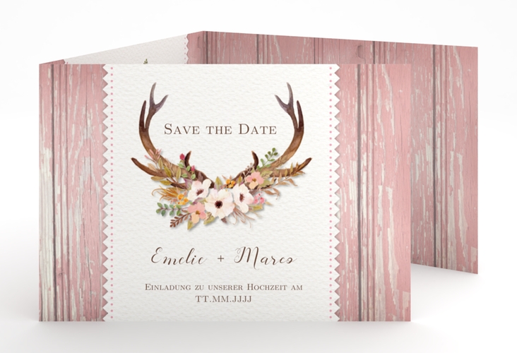 Hochzeitseinladung Heimatjuwel A6 Doppel-Klappkarte rosa mit Hirschgeweih und Holz-Hintergrund