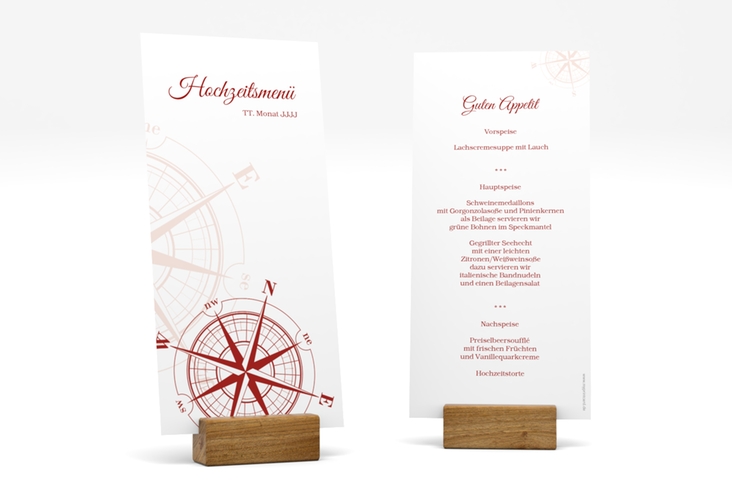 Menükarte Hochzeit Windrose lange Karte hoch rot hochglanz