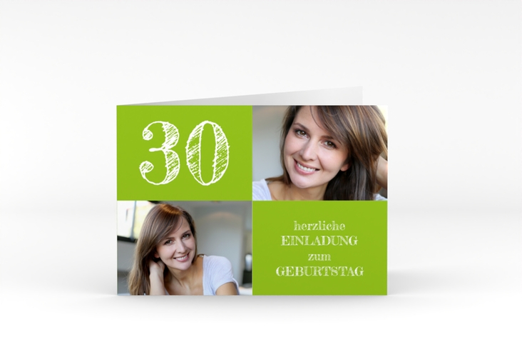 Einladung 30. Geburtstag Lebensfreude A6 Klappkarte quer gruen hochglanz