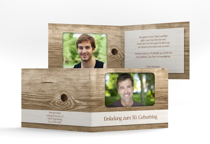 Einladung 50. Geburtstag Michael/Michaela A6 Klappkarte quer hochglanz im rustikalen Holz-Design mit Foto