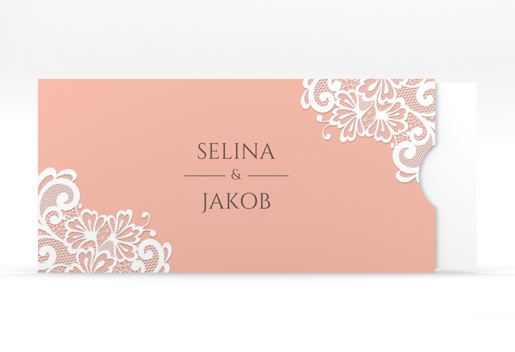 Hochzeitseinladung Vintage Einsteckkarte apricot hochglanz mit floraler Spitze
