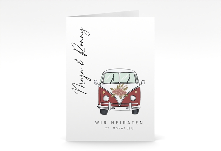 Einladungskarte Hochzeit Hochzeitsbulli A6 Klappkarte hoch rot mit Gräsern und Trockenblumen für Boho-Hochzeit