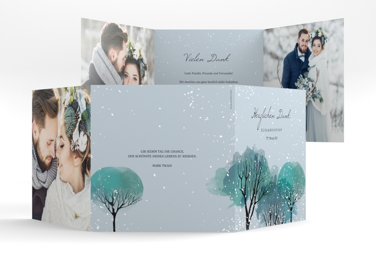 Dankeskarte Hochzeit Winterhochzeit quadr. Doppel-Klappkarte blau hochglanz