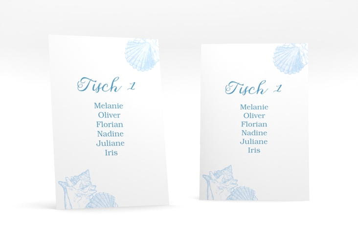 Tischaufsteller Hochzeit Muschelreich Tischaufsteller blau hochglanz