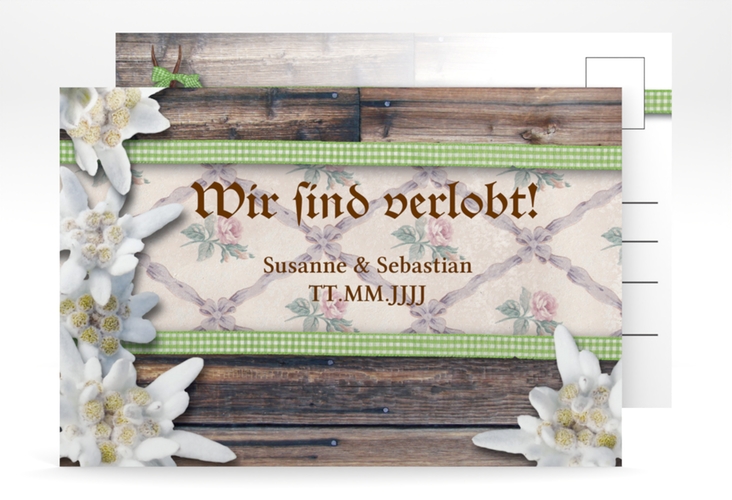 Verlobungskarte Hochzeit Bayern A6 Postkarte gruen mit Edelweiß in rustikaler Holz-Optik