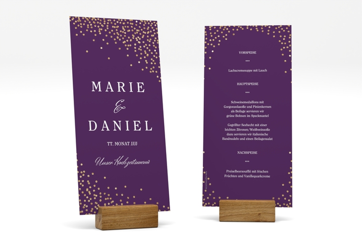 Menükarte Hochzeit Glitter lange Karte hoch lila hochglanz
