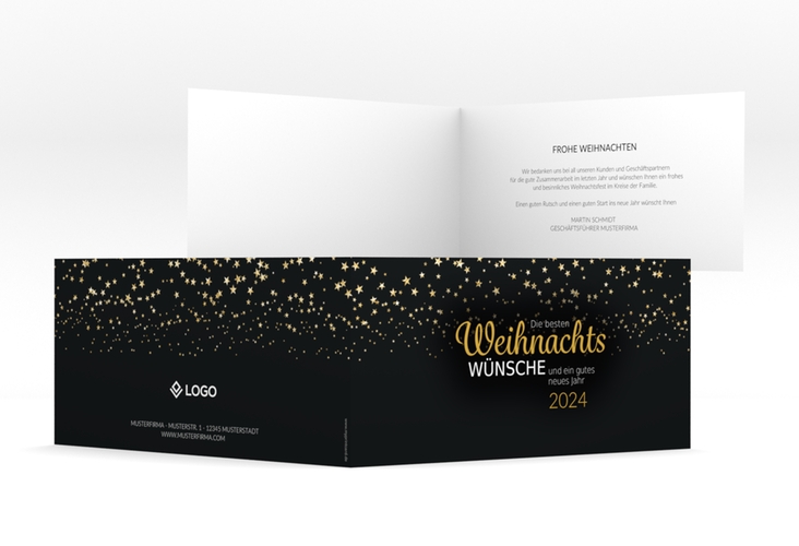 Geschäftliche Weihnachtskarte Sterntaler lange Klappkarte quer hochglanz mit goldenen Sternen