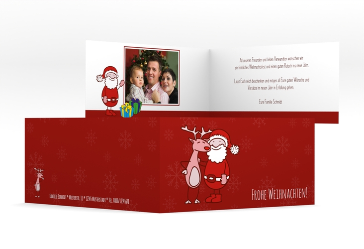 Weihnachtskarte Cartoon lange Klappkarte quer rot hochglanz mit Rentier und Nikolaus im Comic-Stil