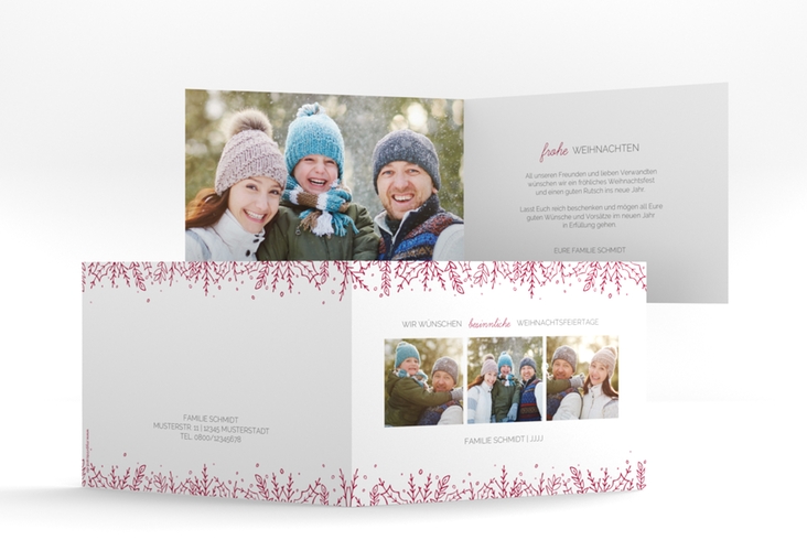 Weihnachtskarte Decor A6 Klappkarte quer mit drei Fotos und Zweig-Dekor