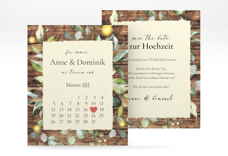 Save the Date-Kalenderblatt Greenwood Kalenderblatt-Karte im Greenery-Design mit Holz, Eukalyptus und Immergrün