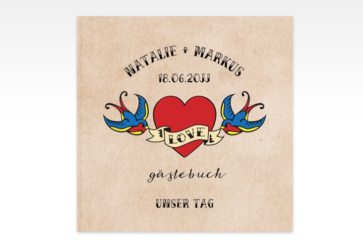 Gästebuch Creation Tattoo 20 x 20 cm, Hardcover beige mit Herz und zwei Schwalben