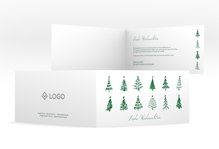 Geschäftliche Weihnachtskarte Weihnachtshain lange Klappkarte quer weiss mit gezeichneten Tannenbäumen