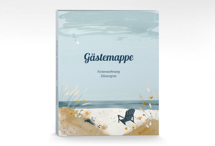 Gästemappe Ferienwohnung A4 Dünengras Gästemappe A4 blau mit Strand-Stuhl am Meer