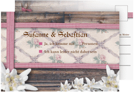 Klick: Details zu Antwortkarte Hochzeit "Bayern" anzeigen Antwortkarte Hochzeit Bayern A6 Postkarte rot mit Edelweiß in rustikaler Holz-Optik