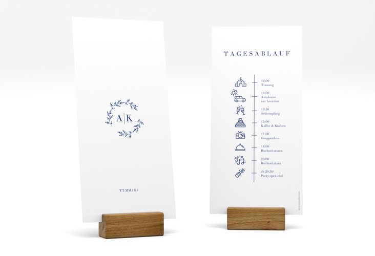 Tagesablauf Hochzeit Filigrana lange Karte hoch blau in reduziertem Design mit Initialen und zartem Blätterkranz