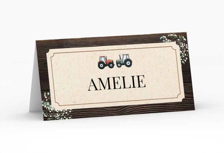 Tischkarte Hochzeit Bauernhochzeit Tischkarten in rustikaler Holz-Optik mit Schleierkraut und zwei kleinen Traktoren