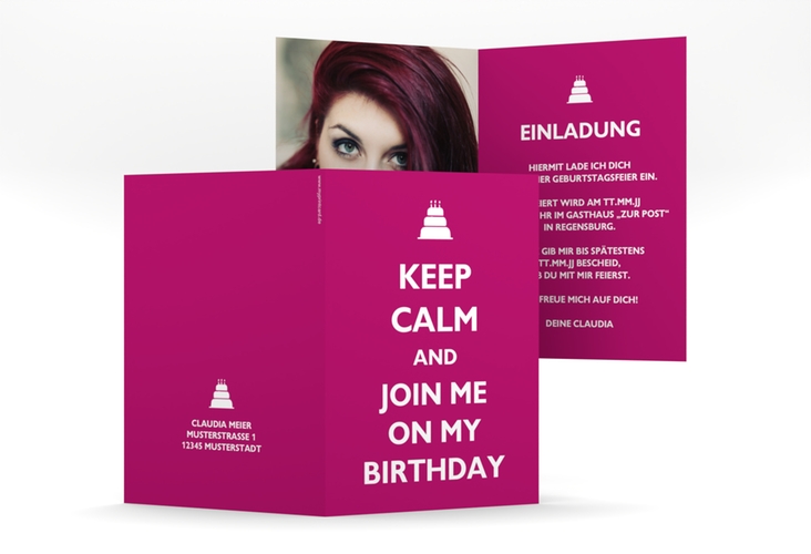 Einladung Geburtstag KeepCalm A6 Klappkarte hoch pink hochglanz