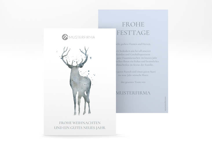 Business-Weihnachtskarte Edelhirsch A6 Karte hoch blau hochglanz mit Hirsch-Silhouette in Aquarell