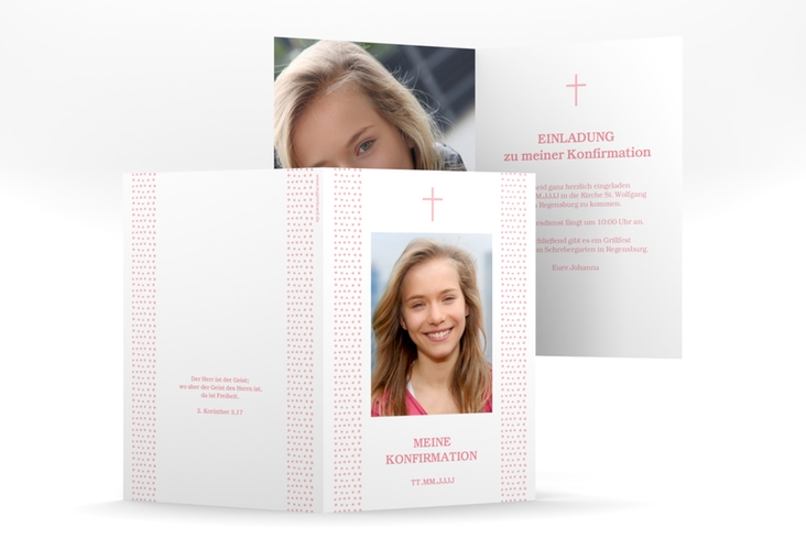 Konfirmationseinladung Trinitas A6 Klappkarte hoch rosa hochglanz mit kleinem Kreuz und Foto
