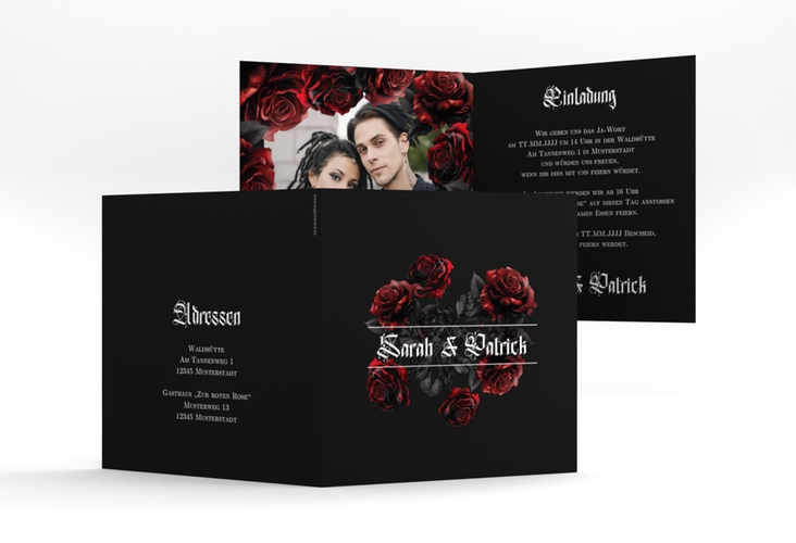 Hochzeitseinladung Gothic Rose quadr. Klappkarte schwarz hochglanz