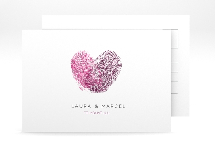 Verlobungskarte Hochzeit Fingerprint A6 Postkarte pink schlicht mit Fingerabdruck-Motiv
