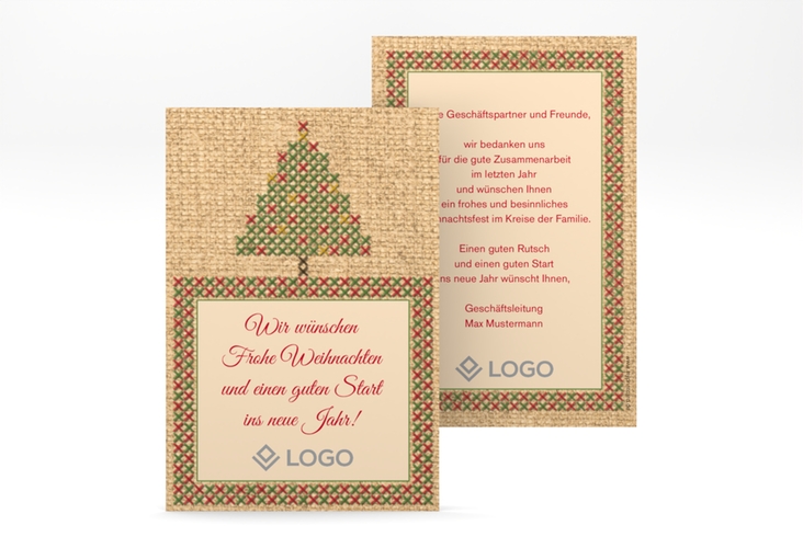 Geschäftliche Weihnachtskarte Stickerei A6 Karte hoch rot in Jute-Optik mit aufgesticktem Christbaum