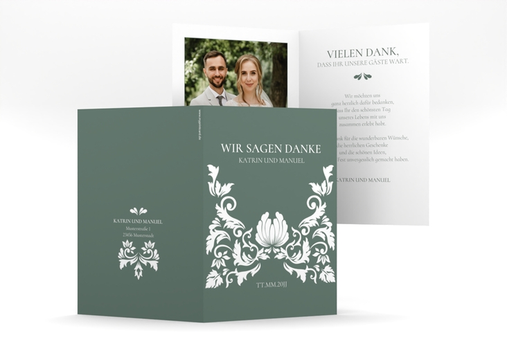 Danksagungskarte Hochzeit Royal A6 Klappkarte hoch gruen mit barockem Blumen-Ornament