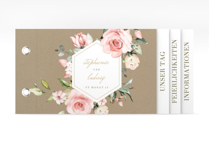 Hochzeitseinladung Graceful Booklet Kraftpapier mit Rosenblüten in Rosa und Weiß