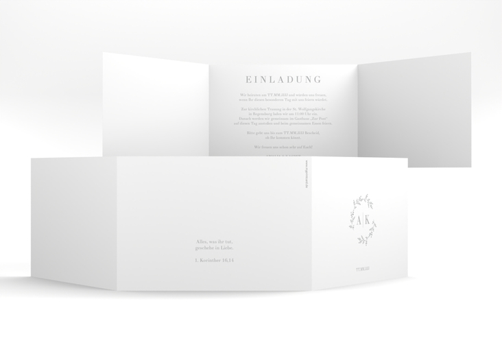 Hochzeitseinladung Filigrana A6 Doppel-Klappkarte grau in reduziertem Design mit Initialen und zartem Blätterkranz