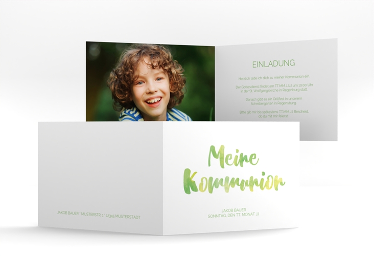 Kommunionseinladung Flora A6 Klappkarte quer gruen
