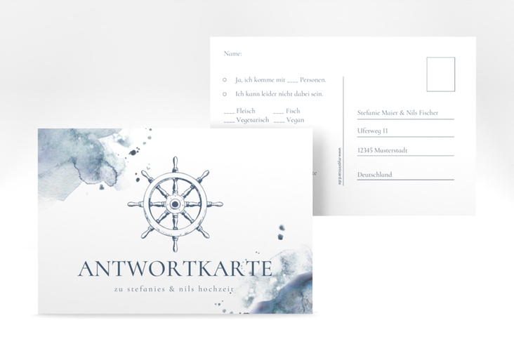 Antwortkarte Hochzeit Steuerrad A6 Postkarte blau in maritimen Blautönen