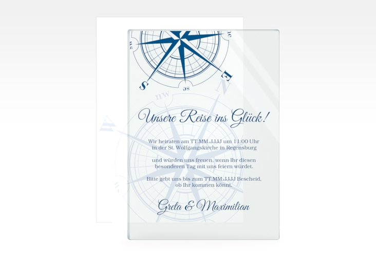 Acryl-Hochzeitseinladung Windrose Acrylkarte + Deckblatt hoch blau hochglanz