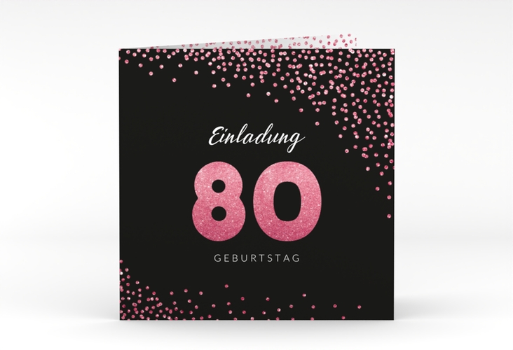Einladung 80. Geburtstag Glitzer quadr. Klappkarte pink