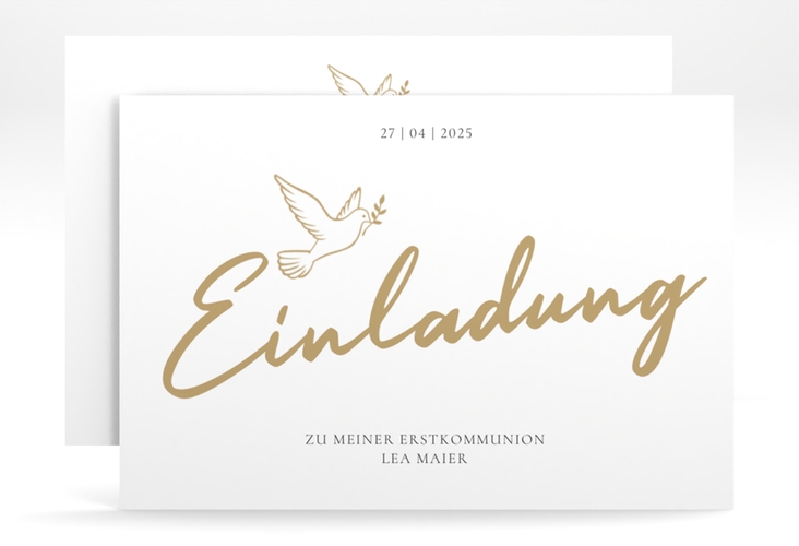 Kommunionseinladung Goldtaube A6 Karte quer weiss hochglanz