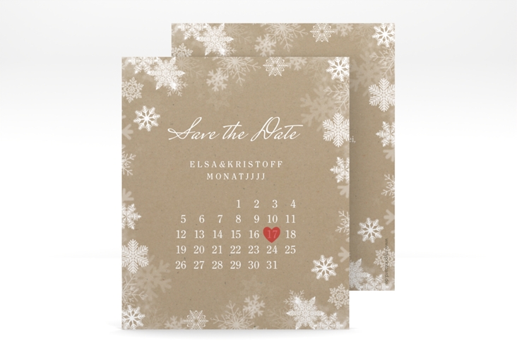 Save the Date-Kalenderblatt Snowfall Kalenderblatt-Karte Kraftpapier mit Schneeflocken für Winterhochzeit