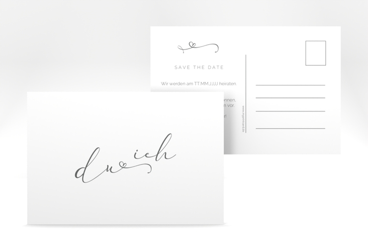 Save the Date-Postkarte Zweisamkeit A6 Postkarte weiss hochglanz im minimalistischen Stil mit Aufschrift du & ich