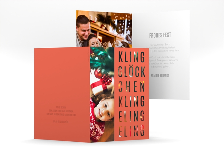 Weihnachtskarte Klingeling A6 Klappkarte hoch orange hochglanz