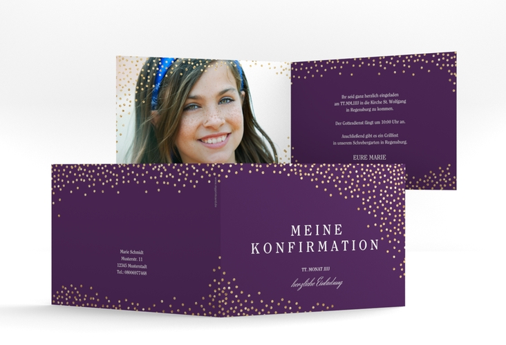 Einladung Konfirmation Glossy A6 Klappkarte quer lila hochglanz