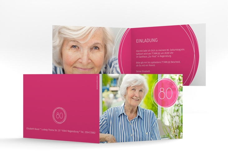 Einladung 80. Geburtstag Twister A6 Klappkarte quer pink