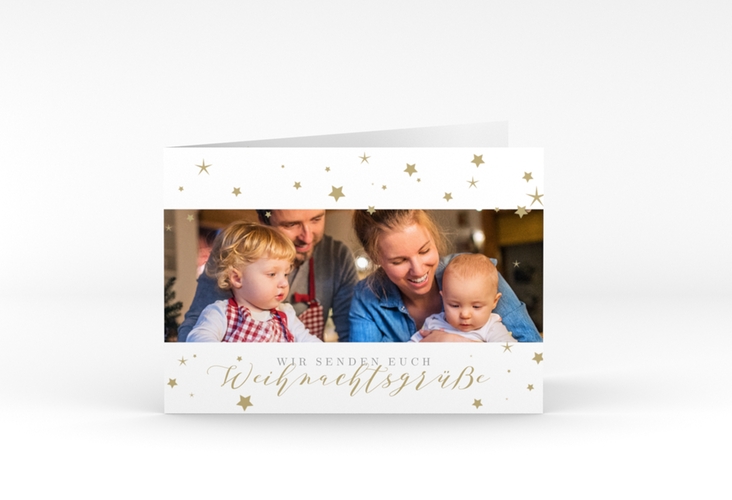 Weihnachtskarte Sternennacht A6 Klappkarte quer weiss mit Sternchen und Familienfoto