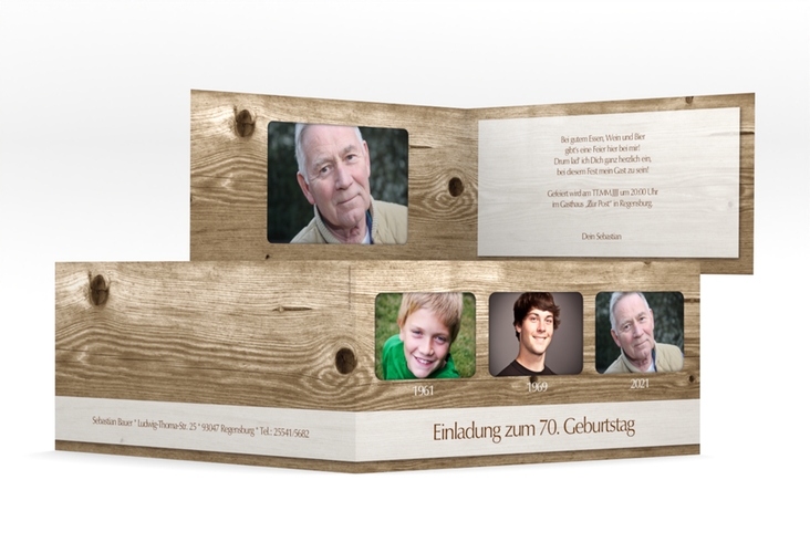 Einladung 70. Geburtstag Michael/Michaela lange Klappkarte quer hochglanz im rustikalen Holz-Design mit Foto