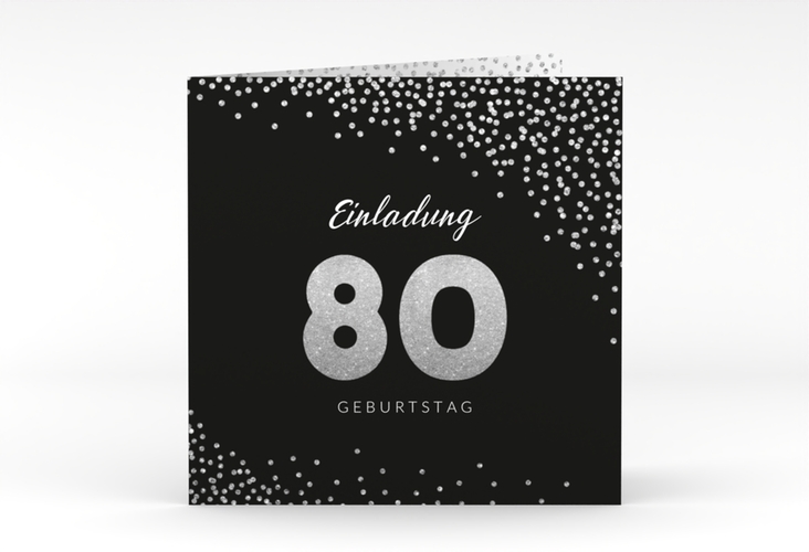 Einladung 80. Geburtstag Glitzer quadr. Klappkarte grau