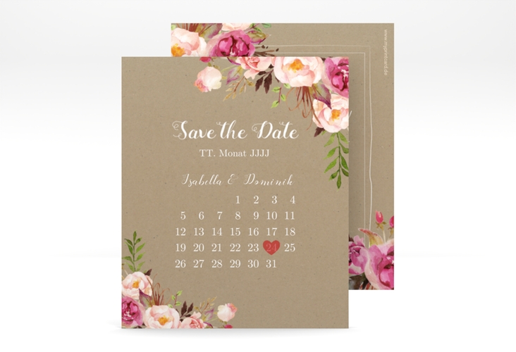 Save the Date-Kalenderblatt Flowers Kalenderblatt-Karte Kraftpapier hochglanz mit bunten Aquarell-Blumen