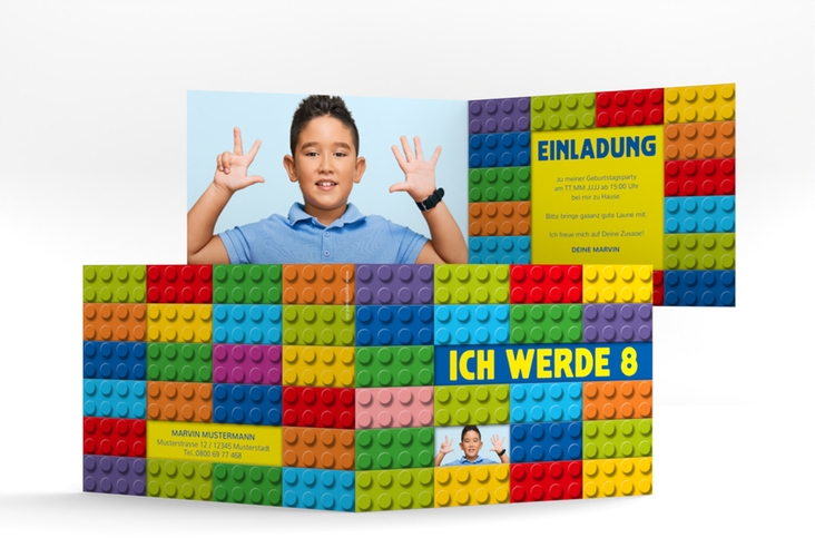 Einladungskarte Kindergeburtstag Bausteine A6 Klappkarte quer