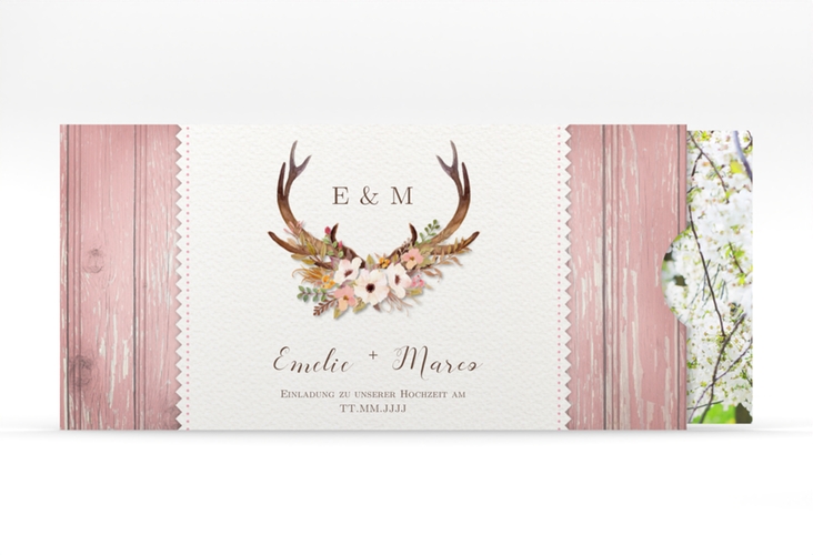 Hochzeitseinladung Heimatjuwel Einsteckkarte rosa mit Hirschgeweih und Holz-Hintergrund