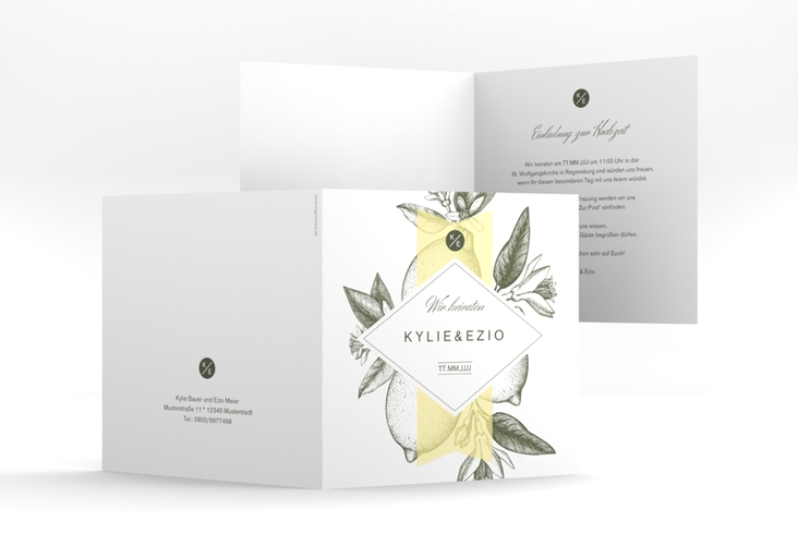 Hochzeitseinladung Lemon quadr. Klappkarte mit mediterranem Zitronen-Kupferstich