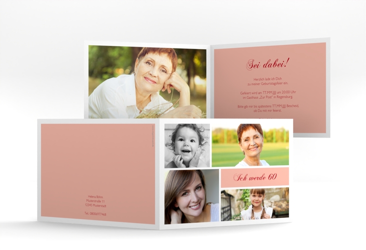 Einladung 60. Geburtstag Bilderserie A6 Klappkarte quer rosa mit mehreren Fotos