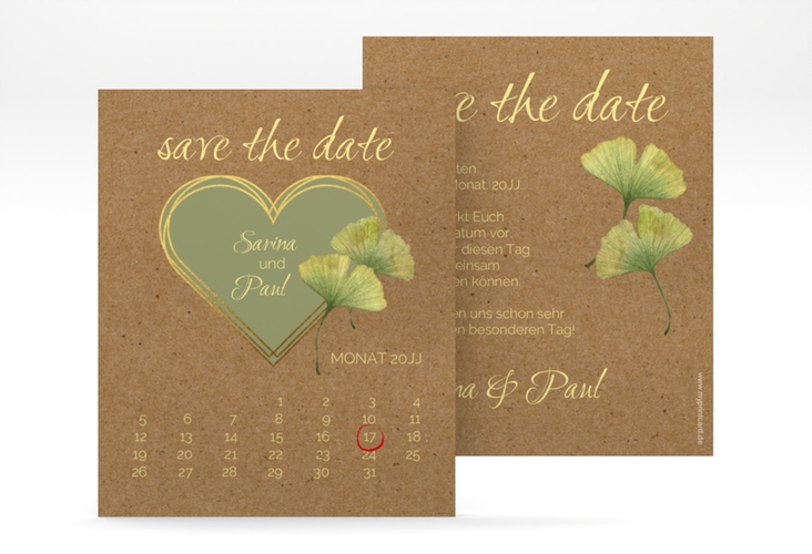 Save the Date-Kalenderblatt Ginko Kalenderblatt-Karte mit Herz und zwei Ginkgo-Blättern