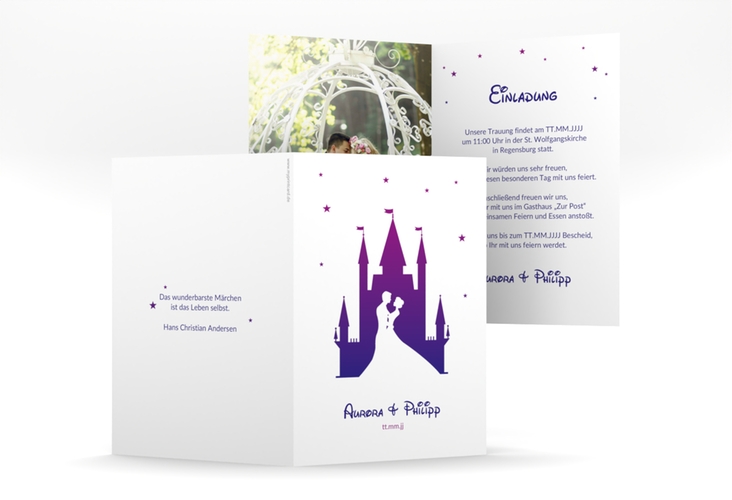 Einladungskarte Hochzeit Castle A6 Klappkarte hoch lila hochglanz