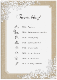 Klick: Details zu Tagesablauf Leinwand Hochzeit "Lace" anzeigen Tagesablauf Leinwand Hochzeit "Lace" 50 x 70 cm Leinwand beige